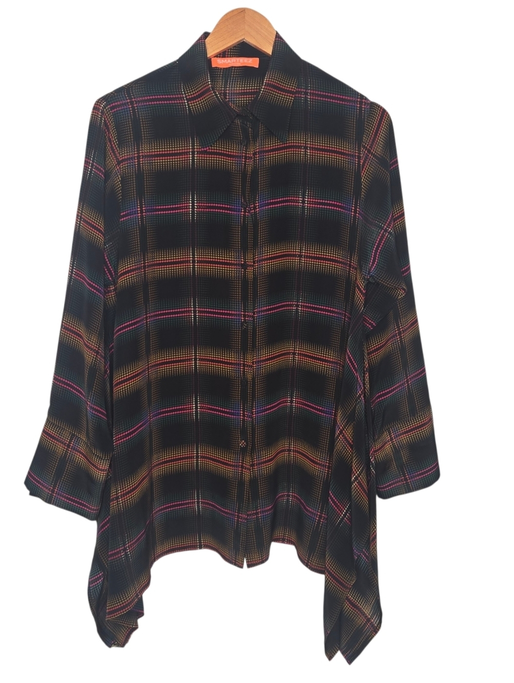 SMARTEEZ Womens Colorful Check Plaid Print Button Up Silk Tunic Blouse Small